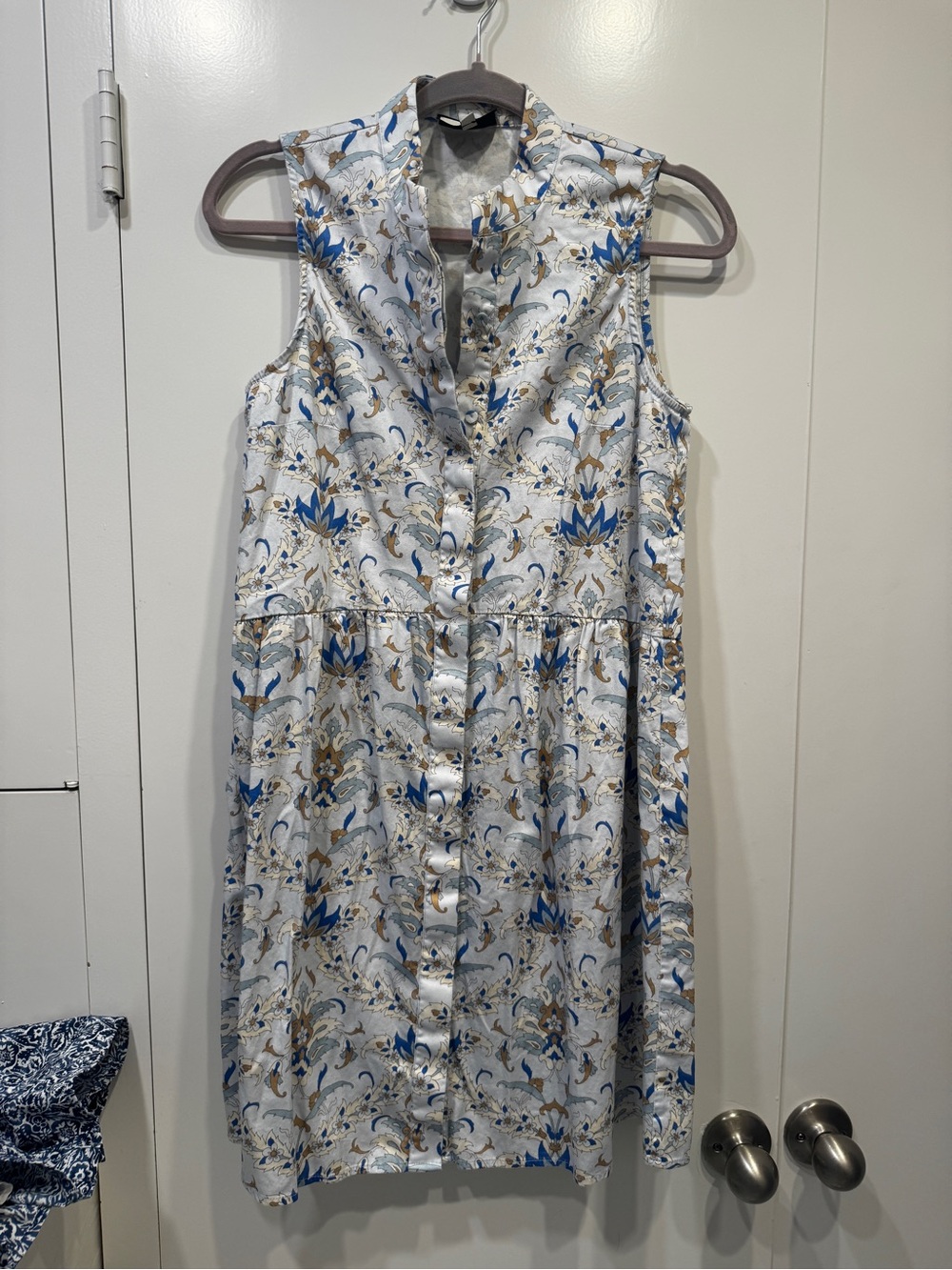 Sleeveless Button-Front Floral Print Dress in Blue and Cream